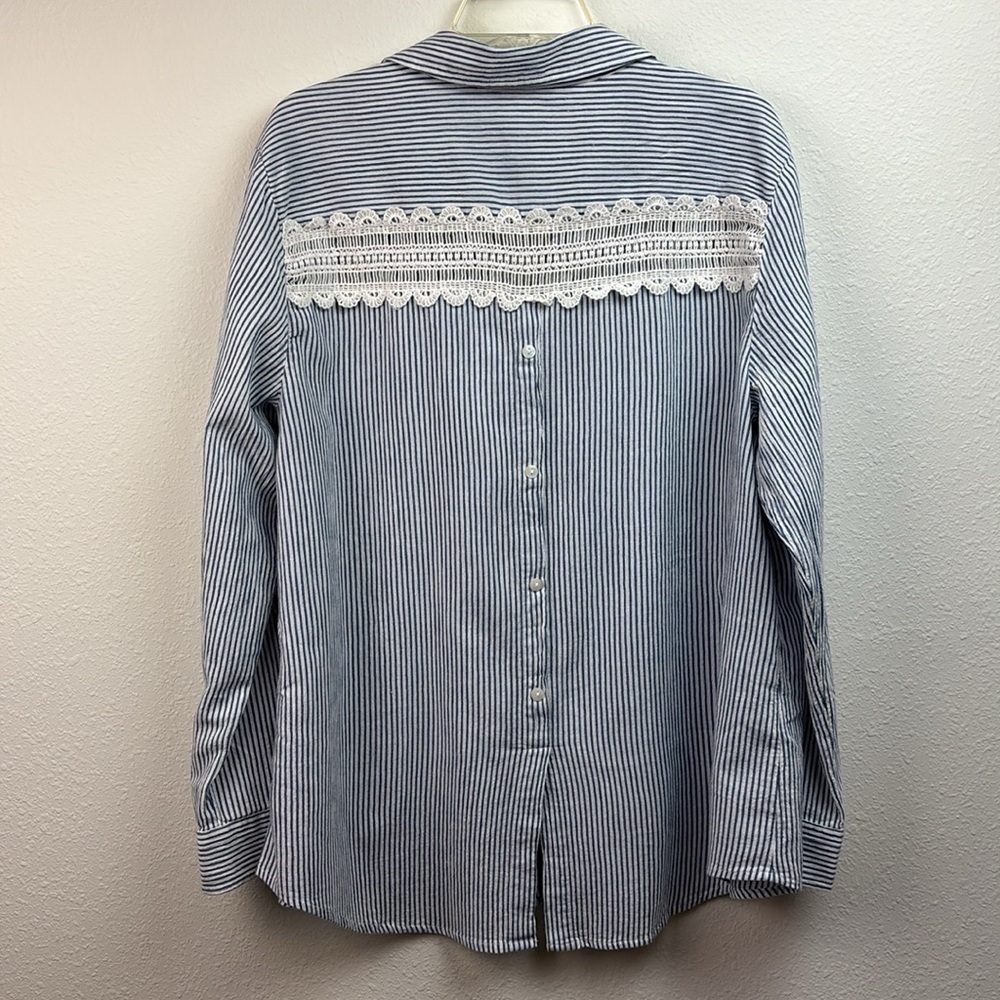 Style & Co. gauze -like white & blue striped button down shirt crochet lace back